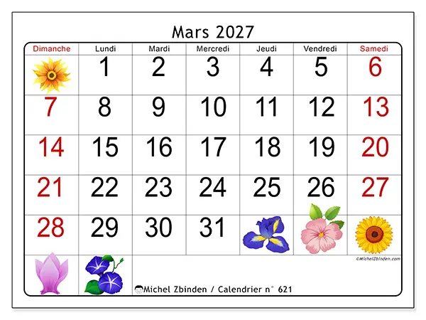 Calendrier mars 2027 à imprimer - Grandes fleurs - Semaine du dimanche au samedi