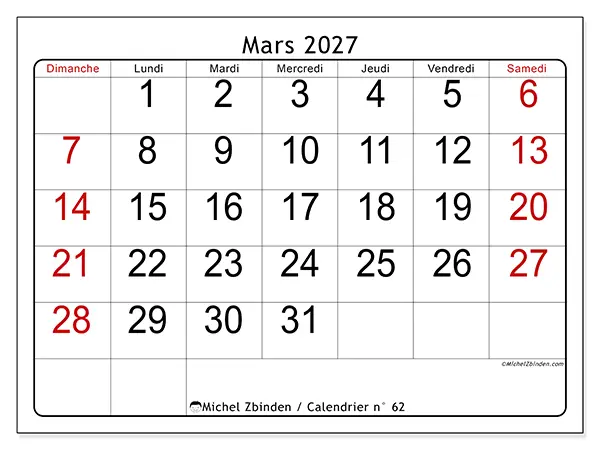 Calendrier mars 2027 à imprimer - Lecture rapide - Semaine du dimanche au samedi