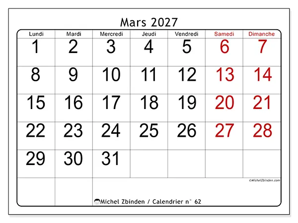 Calendrier mars 2027 à imprimer - Lecture rapide