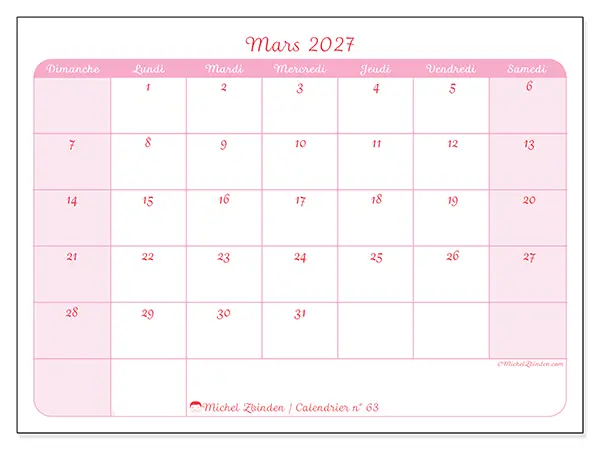 Calendrier mars 2027 à imprimer - Organisation en douceur - Semaine du dimanche au samedi