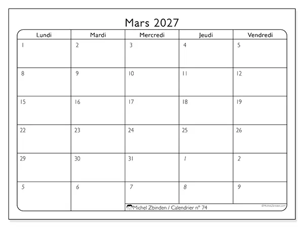 Calendrier mars 2027 à imprimer - Organisation du travail