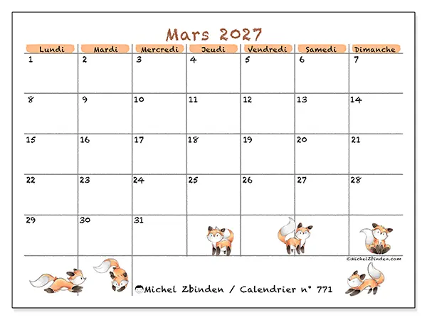 Calendrier mars 2027 à imprimer - Dessins de renards