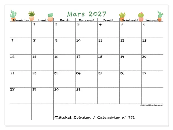Calendrier mars 2027 à imprimer - Cactus décoratifs - Semaine du dimanche au samedi