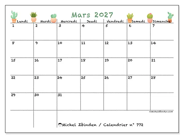 Calendrier mars 2027 à imprimer - Cactus décoratifs