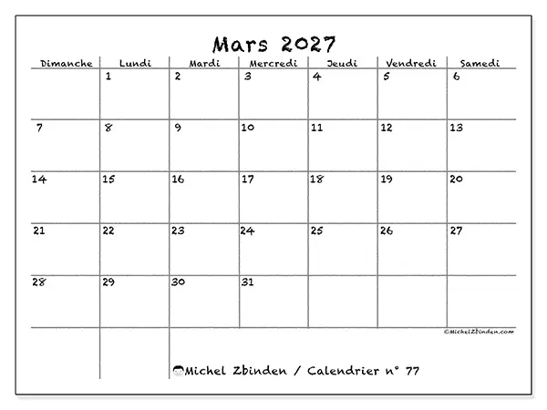 Calendrier mars 2027 à imprimer - École et famille - Semaine du dimanche au samedi