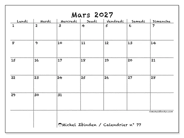 Calendrier mars 2027 à imprimer - École et famille