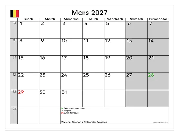 Calendrier mars 2027 à imprimer - Belgique