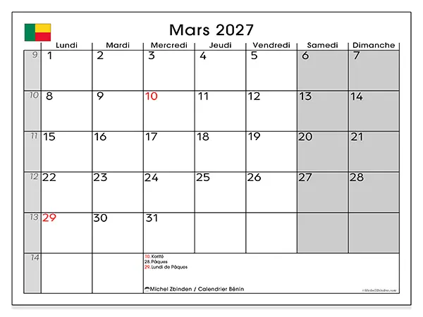 Calendrier mars 2027 à imprimer - Bénin