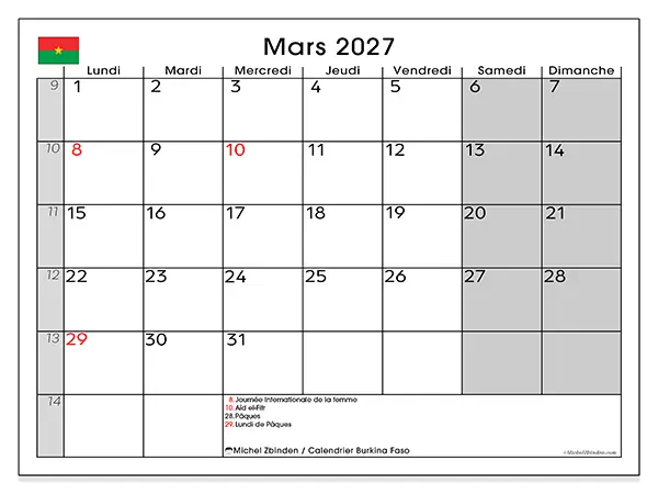 Calendrier mars 2027 à imprimer - Burkina Faso