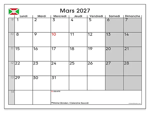 Calendrier mars 2027 à imprimer - Burundi