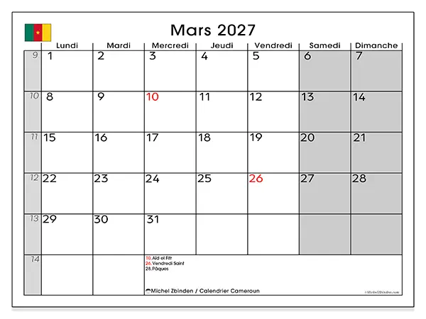 Calendrier mars 2027 à imprimer - Cameroun