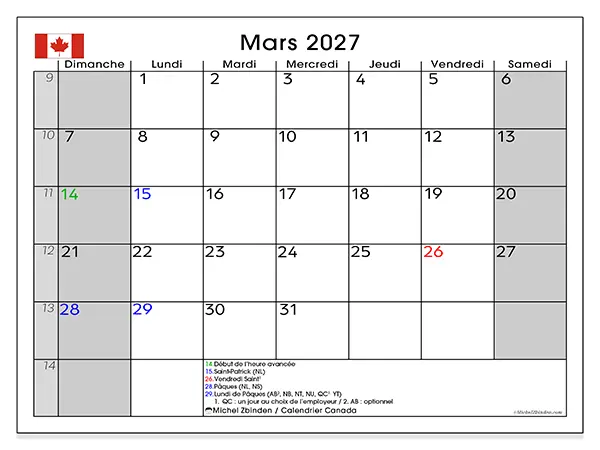 Calendrier mars 2027 à imprimer - Canada