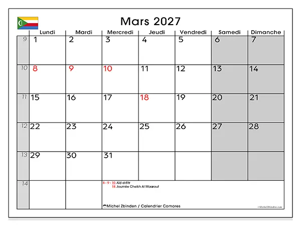 Calendrier mars 2027 à imprimer - Comores