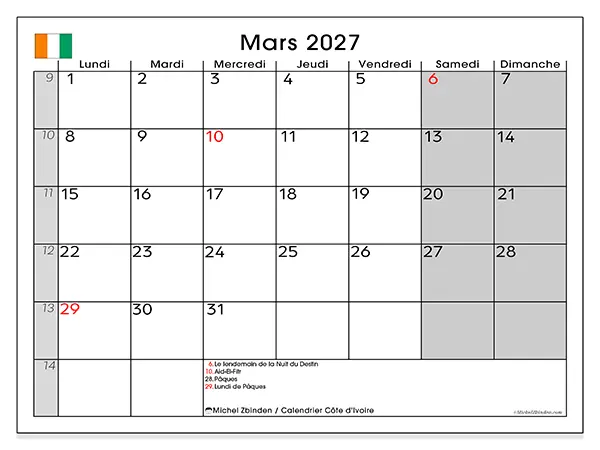 Calendrier mars 2027 à imprimer - Côte d’Ivoire