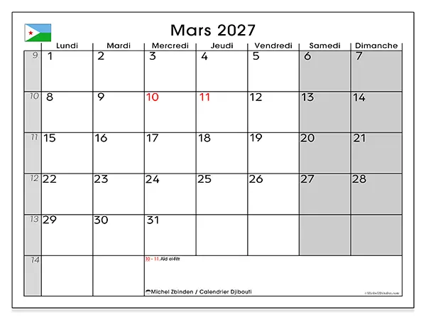 Calendrier mars 2027 à imprimer - Djibouti