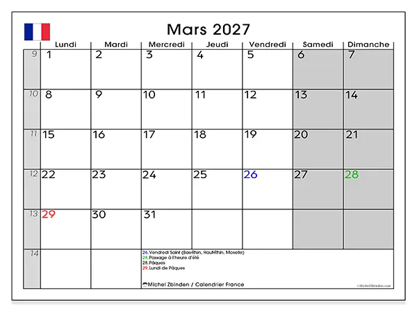 Calendrier mars 2027 à imprimer - France