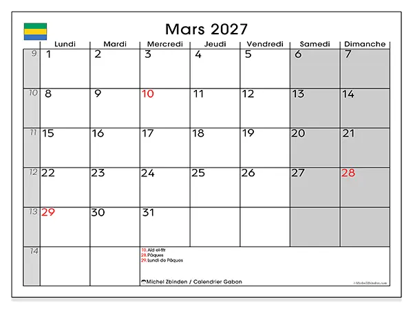 Calendrier mars 2027 à imprimer - Gabon