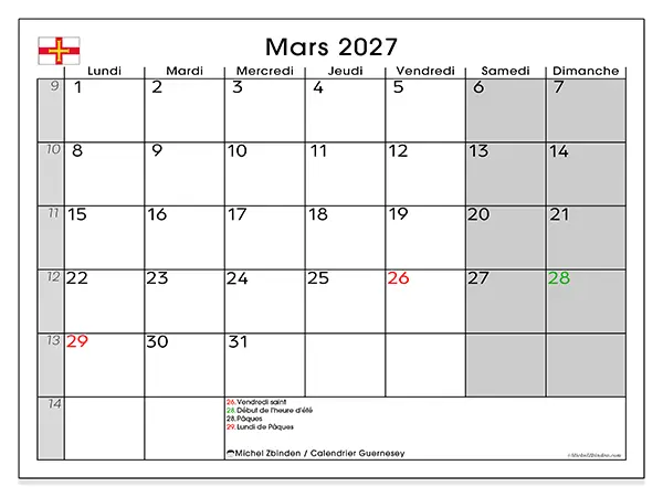 Calendrier mars 2027 à imprimer - Guernesey
