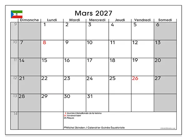 Calendrier mars 2027 à imprimer - Guinée équatoriale