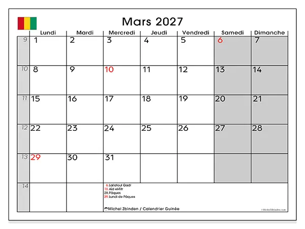 Calendrier mars 2027 à imprimer - Guinée