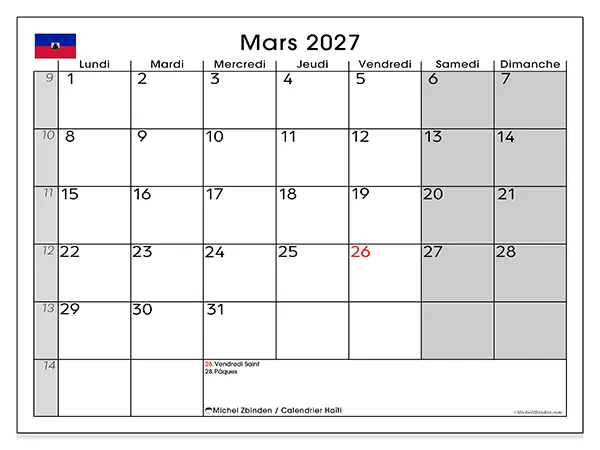 Calendrier mars 2027 à imprimer - Haïti