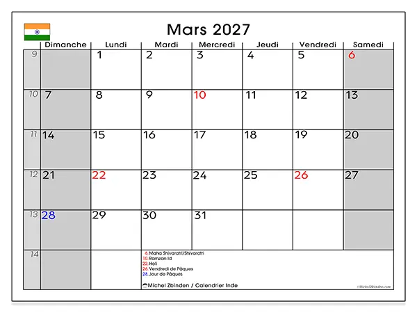 Calendrier mars 2027 à imprimer - Inde