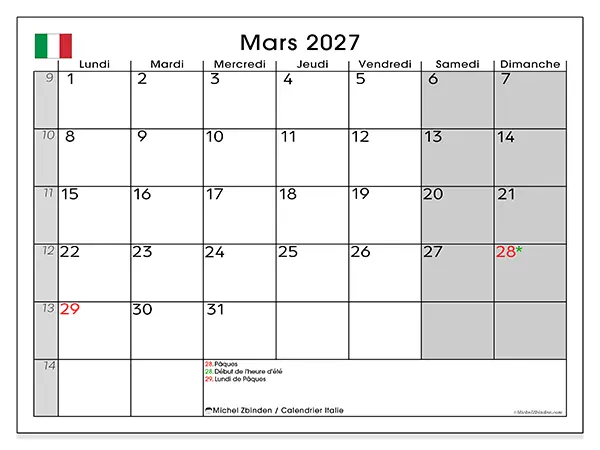 Calendrier mars 2027 à imprimer - Italie