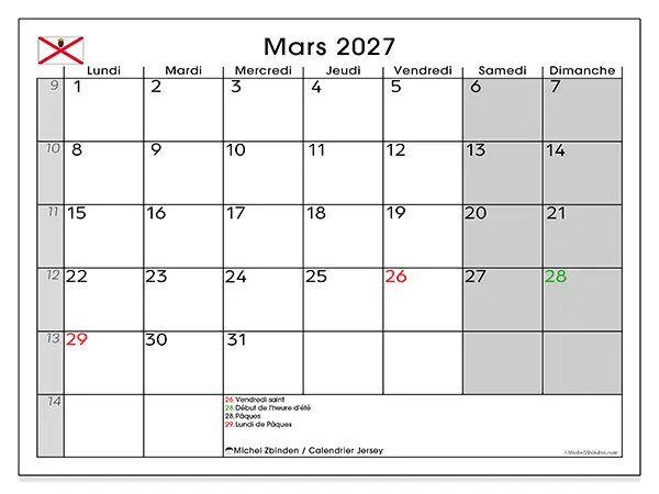 Calendrier mars 2027 à imprimer - Jersey
