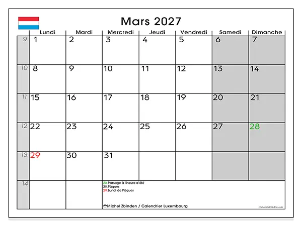 Calendrier mars 2027 à imprimer - Luxembourg