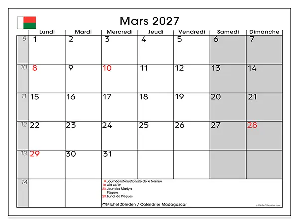 Calendrier mars 2027 à imprimer - Madagascar