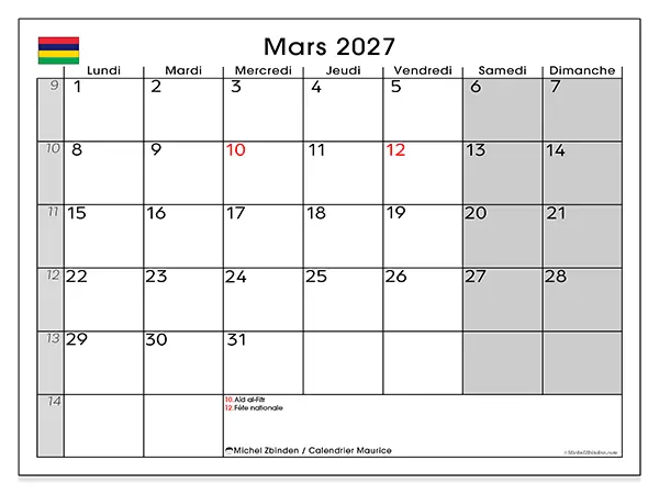 Calendrier mars 2027 à imprimer - Maurice