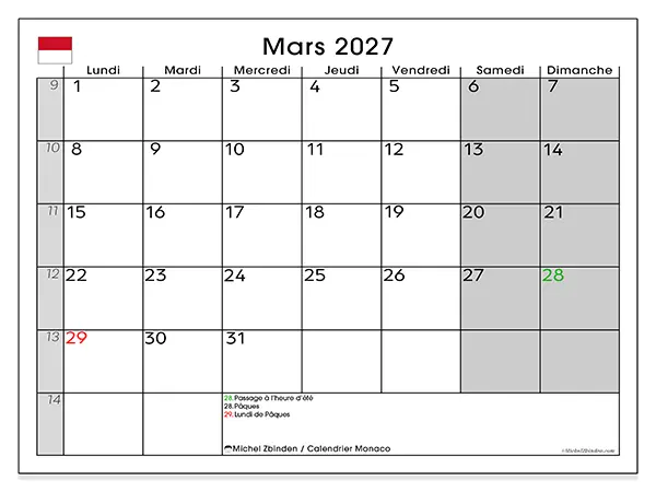 Calendrier mars 2027 à imprimer - Monaco