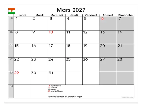 Calendrier mars 2027 à imprimer - Niger
