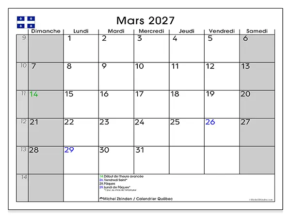 Calendrier mars 2027 à imprimer - Québec