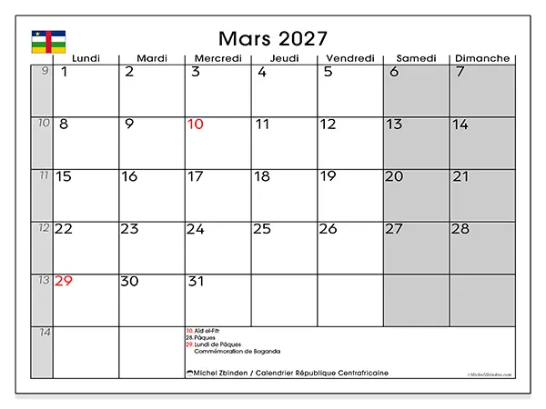 Calendrier mars 2027 à imprimer - République centrafricaine