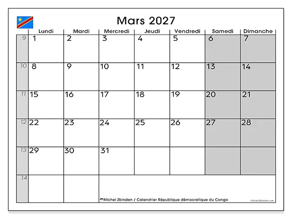 Calendrier mars 2027 à imprimer - République démocratique du Congo