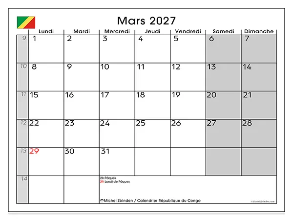 Calendrier mars 2027 à imprimer - République du Congo