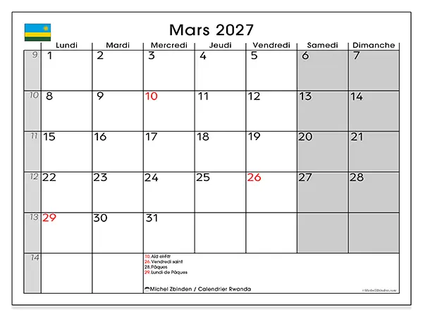 Calendrier mars 2027 à imprimer - Rwanda