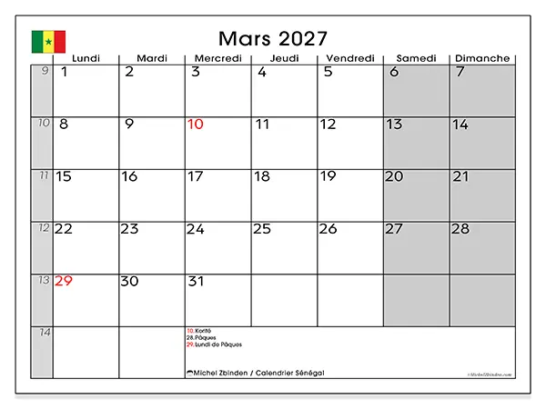 Calendrier mars 2027 à imprimer - Sénégal