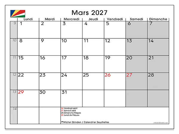 Calendrier mars 2027 à imprimer - Seychelles