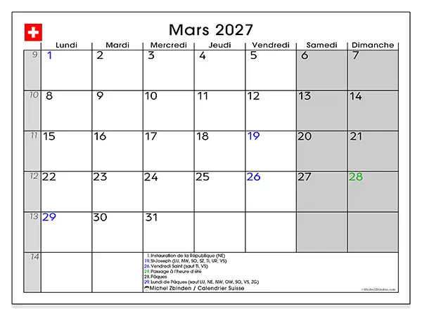 Calendrier mars 2027 à imprimer - Suisse
