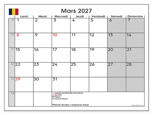 Calendrier mars 2027 à imprimer - Tchad