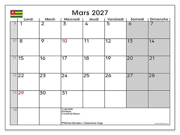 Calendrier mars 2027 à imprimer - Togo
