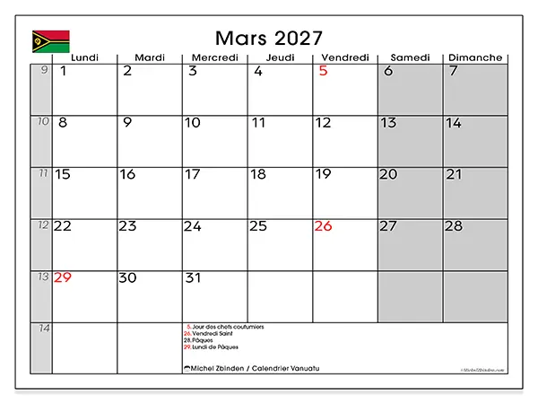 Calendrier mars 2027 à imprimer - Vanuatu