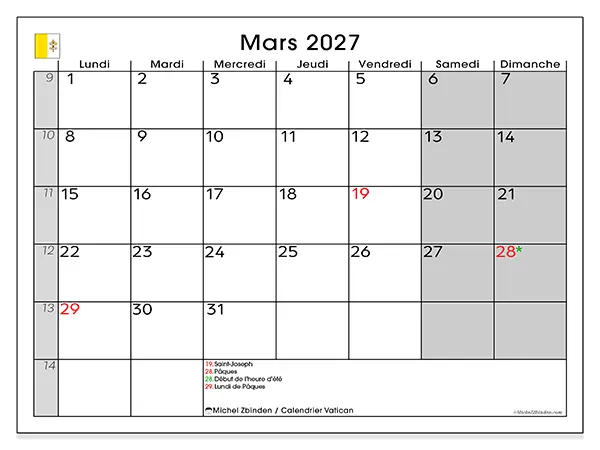 Calendrier mars 2027 à imprimer - Vatican