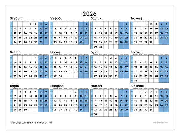 Godišnji kalendar 2026 za ispis - Spremno za sveučilište