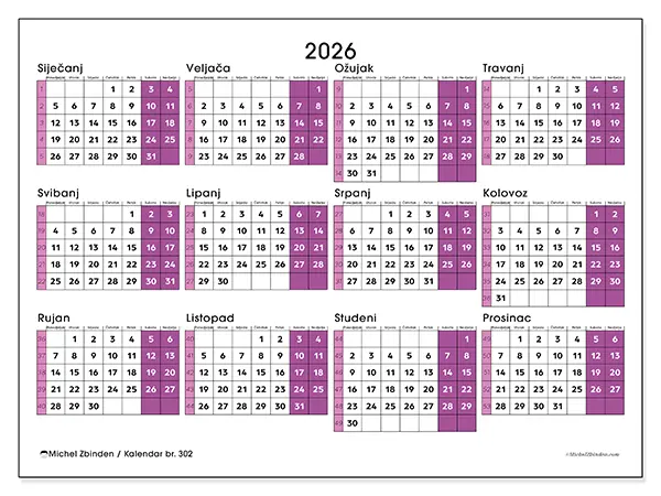 Godišnji kalendar 2026 za ispis - Dinamičan ured