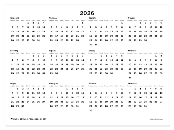Godišnji kalendar 2026 za ispis - Pregled godine