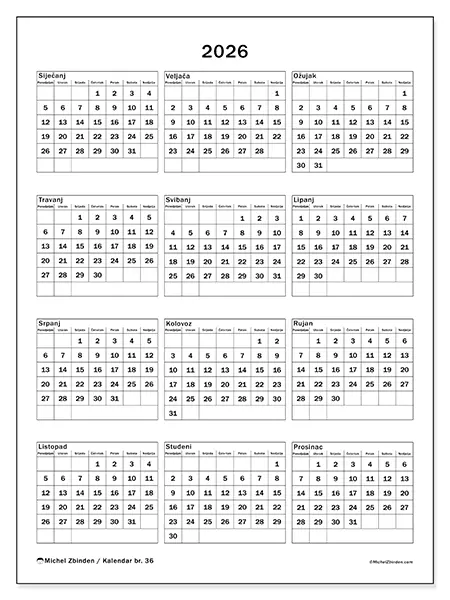 Godišnji kalendar 2026 za ispis - Obiteljske proslave