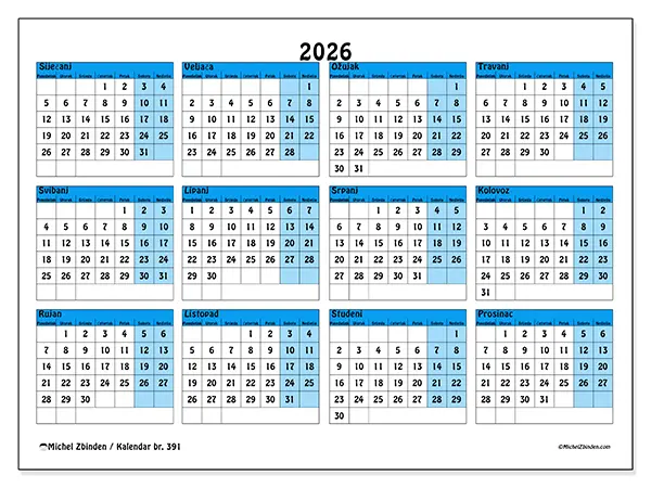 Godišnji kalendar 2026 za ispis - Plavi tonovi